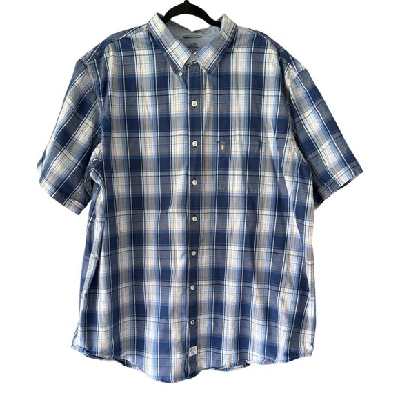 Izod Saltwater 2XLT Seaport Poplin Mens Short Sleeve Button Plaid Shirt Relaxed - Picture 1 of 6